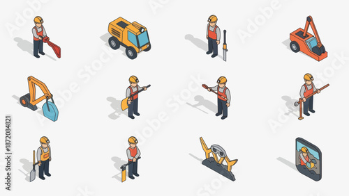 Construction Worker Characters with Equipment Isometric.