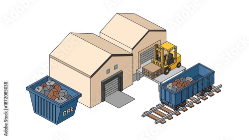 Recycling Facility with Crates and Machinery.