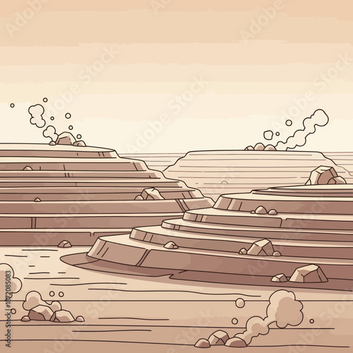 Volcanic Landscape with Erupting Volcanoes and Lava.