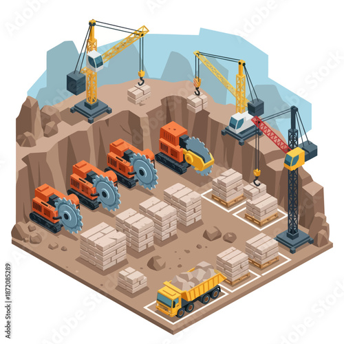 Isometric Construction Site with Heavy Machinery.