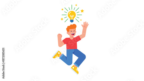 Joyful man jumping with a lightbulb above his head, symbolizing a new idea, inspiration, creativity, and problem-solving.