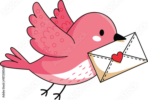 Cute pink bird flying with love letter envelope delivering message romantic valentine illustration for cards and decor