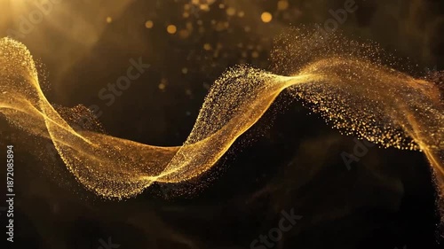 Elegant golden wave of shimmering particles flowing on a dark background, creating a luxurious effect.