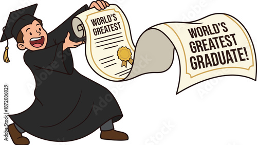 Happy Cartoon Graduate Unrolling 'World's Greatest Graduate' Diploma Scroll Illustration