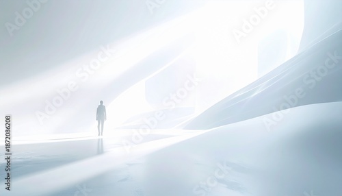 Solitary Journey: A lone figure embarks on an ethereal voyage through a luminous, otherworldly realm, bathed in an ambient glow