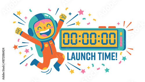 Excited Cartoon Astronaut Celebrating Space Launch with Digital Countdown Clock and Confetti