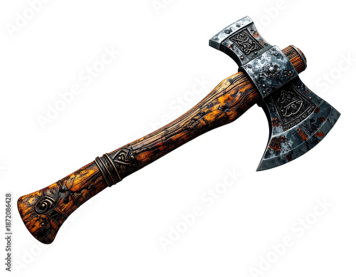 A detailed, slightly bloodied battle axe with ornate carvings