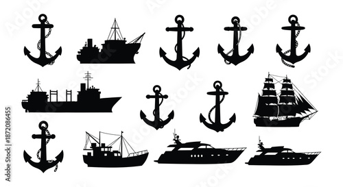 Collection of nautical elements including ships anchors and a lighthouse in black