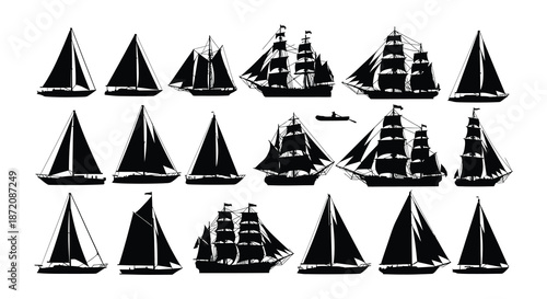 Collection of nautical elements including ships anchors and a lighthouse in black