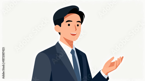 Man in suit presenting with hand gesture