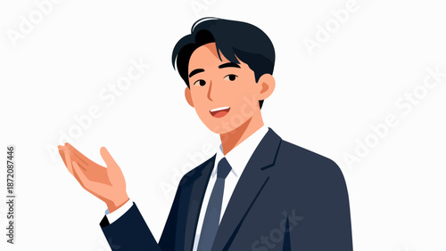 Man in suit presenting with hand