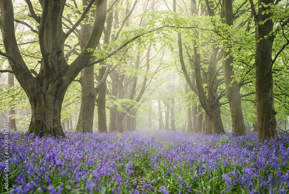 Fototapeta premium Magical spring forest landscape with blooming purple bluebells and misty sunbeams
