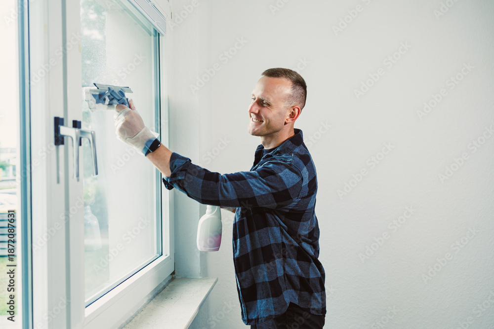 Fototapeta premium Man cleans window in room during daylight with a smile on his face while wearing gloves and a checkered shirt