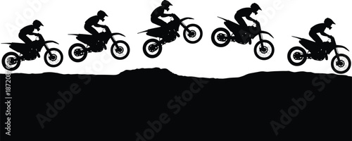 Black silhouette of a motocross rider performing a high jump over dirt hills in sequence, extreme sport dirt bike motorcycle vector illustration background
