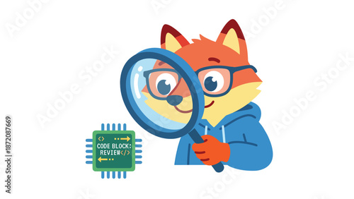 Cartoon Fox Programmer Reviewing Code Block with Magnifying Glass Illustration
