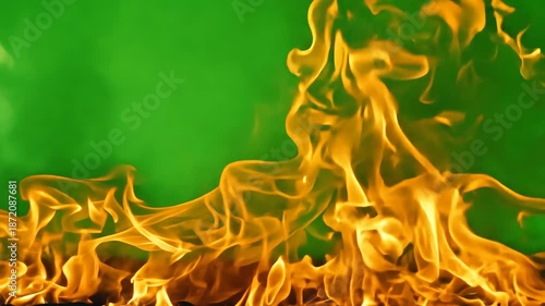 Bright orange flames rising against a green screen background for visual effects. 4k Video footage.