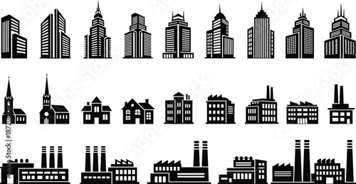 City skyline building icons set, urban skyscraper silhouette collection, industrial factory plant symbols, 