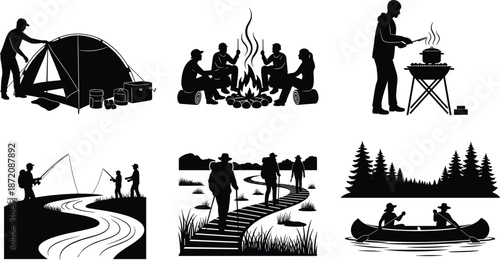 Camping and outdoor adventure silhouette set featuring hiking, campfire gathering, fishing by river, 