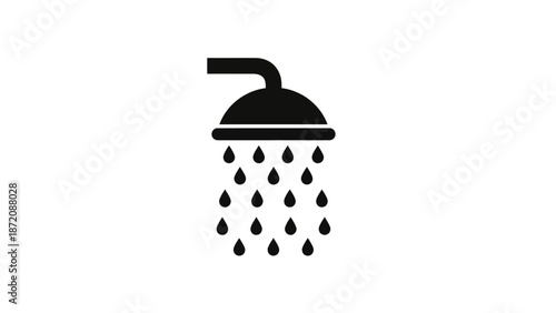 Black shower head with water droplets falling from it, isolated on white background, viewed from the front.