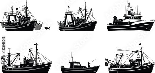 Commercial fishing boat silhouette set, industrial trawler vessel icons, maritime sea transport collection, 