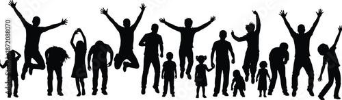 Crowd of happy people and children silhouettes jumping, cheering, and celebrating together in a diverse group for community, success, and joyful family event.