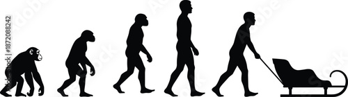 Evolution of man from primate to modern human pulling a winter sleigh, conceptual silhouette illustration of human progress and outdoor seasonal activity.