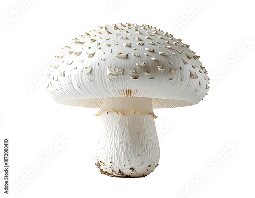 Close-up of a white mushroom with a textured cap and stem