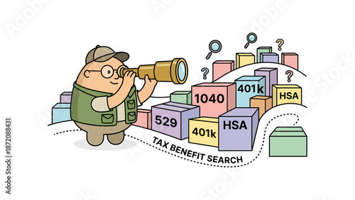 Cartoon explorer searching for tax benefits and financial planning options like 401k, HSA, 529, 1040.