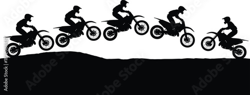Motocross rider silhouette jumping over hill background, dirt bike motorcycle stunt sequence, extreme sport competition action vector illustration, off-road racing adventure graphic.