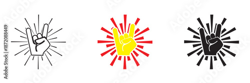 Hand rock horns icon. Black, colour  and white illustration of rock hand sign with lightning bolts, symbolizing music, energy, rebellion, and heavy metal culture.
