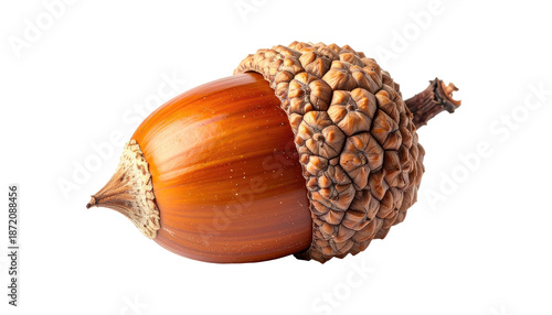 Close-up of a single acorn with textured cap and smooth, brown body