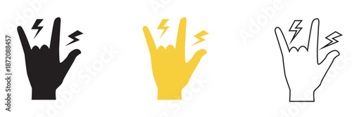Hand rock horns icon. Black, colour  and white illustration of rock hand sign with lightning bolts, symbolizing music, energy, rebellion, and heavy metal culture.
