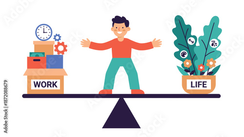 Work-Life Balance Concept Illustration with Person Balancing Career and Personal Life on a Scale