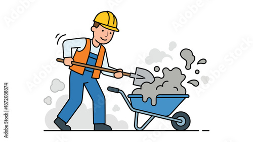 Cartoon construction worker shoveling cement into a wheelbarrow on a construction site