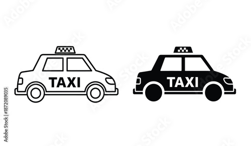 Black and white taxi car icons in line art style for design elements