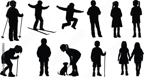 Silhouettes of children engaged in winter activities, skiing, jumping, walking, playing with a dog, and standing together, isolated vector illustration on white background