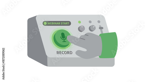 Hand pressing green record button on webinar control panel, initiating online broadcast, podcast, or virtual meeting. Flat vector illustration.
