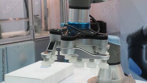 Photos An industrial robotic arm equipped with a vacuum suction gripper.