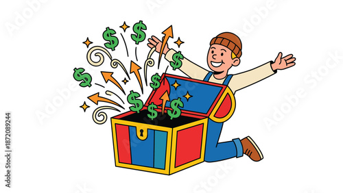 Excited Man Finds Treasure Chest with Money and Upward Arrows Symbolizing Financial Growth and Success