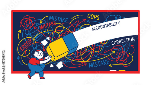 Cartoon character erasing errors from a chalkboard, illustrating accountability, correction, and problem-solving concept