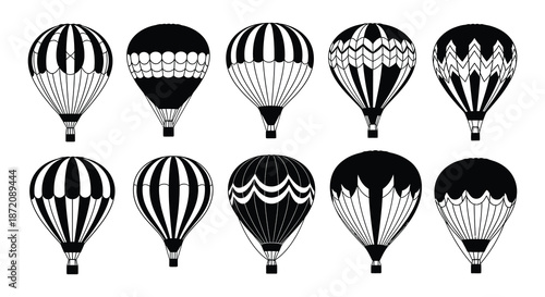A collection of patterned hot air balloons in black and white design