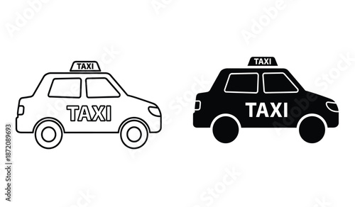 Black and white taxi cars with taxi signs on top driving