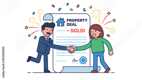 Property Deal Closed: Happy Man and Woman Shaking Hands, Celebration