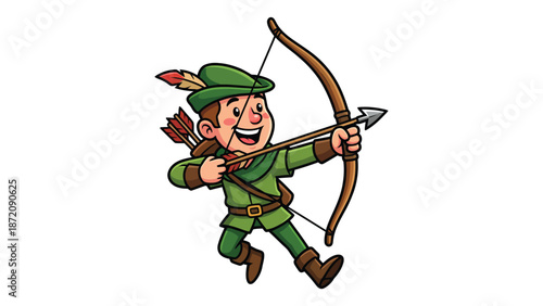 Cheerful cartoon archer in green aiming bow and arrow