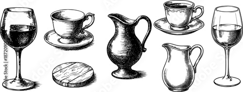 Hand Drawn Vintage Drinkware Sketch Set – Cups, Pitchers and Wine Glasses in Black & White Engraved Style.