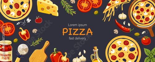 Colorful pizza horizontal design template. Vector illustration with pizzas, ingredients, kitchen tools and herbs on dark background. Perfect for food banners, menus, restaurant or promotions.