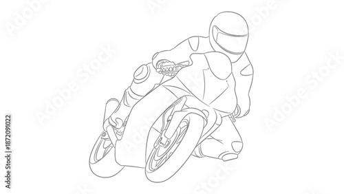Dynamic line art illustration of a sport motorcycle rider leaning sharply into a turn, isolated white background.