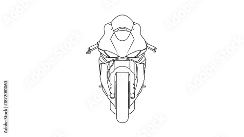 Front view line art illustration of a modern sport motorcycle, isolated white background.
