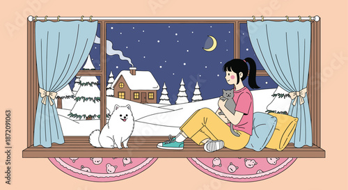 Girl relaxing by window with cat and dog enjoying snowy winter night outside cozy home illustration scene
