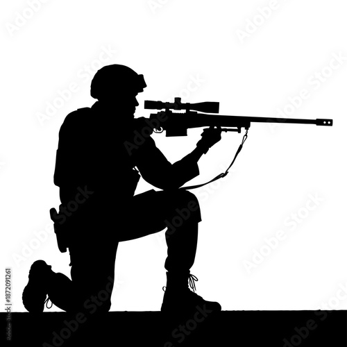 Silhouette of a Soldier Sniper Aiming Rifle on White Background.